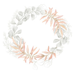Fototapeta na wymiar Watercolor frame with plants and leaves in pastel pink color. Aesthetic gently wreath in boho style with palm leaf, eucalyptus, foliage, nature element. Illustration for wedding, business card.
