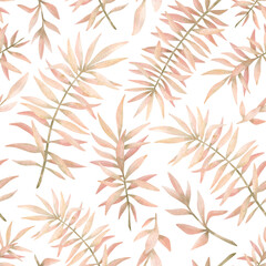 Watercolor seamless pattern with tropical plants in pastel pink color. Gentle nature elements. Leaf, foliage, branch, jungle flora. Summer background for wallpaper, textile, wedding decor