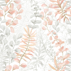 Watercolor seamless pattern with tropical plants in pastel pink color. Gentle eucalypt nature elements. Leaf, foliage, branch, jungle flora. Summer background for wallpaper, textile, wedding decor