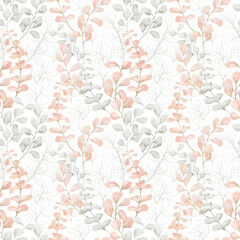 Watercolor seamless pattern with tropical plants in pastel pink color. Gentle eucalypt nature elements. Leaf, foliage, branch, jungle flora. Summer background for wallpaper, textile, wedding decor