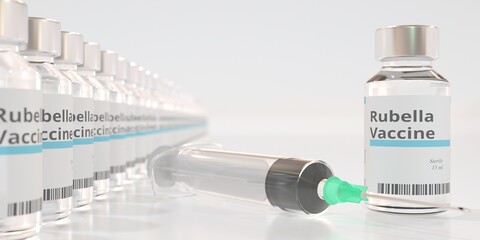 Glass vials with rubella vaccine and a syringe. 3D rendering