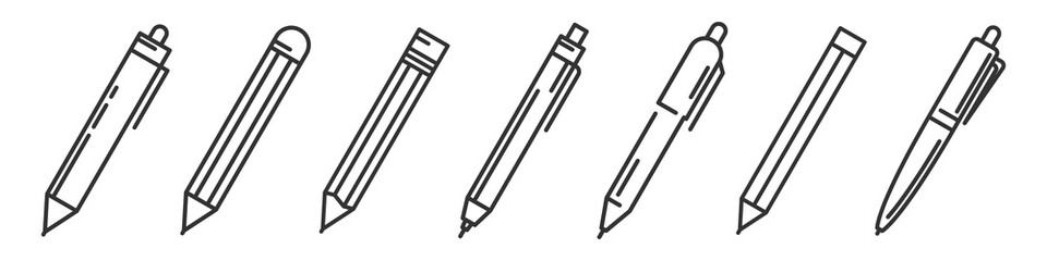 Pens and pencils isolated. Linear templates of ballpens and pencils