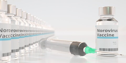 Medical bottles with norovirus vaccine and syringe, 3D rendering