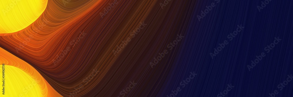 Poster abstract moving horizontal header with golden rod, very dark blue and chocolate colors. fluid curved lines with dynamic flowing waves and curves for poster or canvas