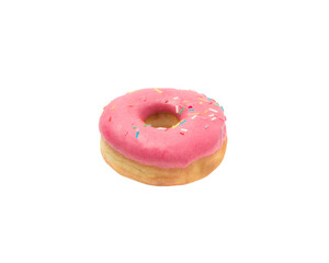 Donut in pink glaze with colored sprinkles on a white background, isolate