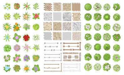 Set of park elements. (Top view) Collection for landscape design, plan, maps. (View from above) Fences, paths, flowers and trees.