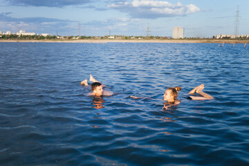 A couple in love in the sea. A man and a woman swim in the salt sea. Two friends are swimming in the sea. A group of friends on vacation at sea.