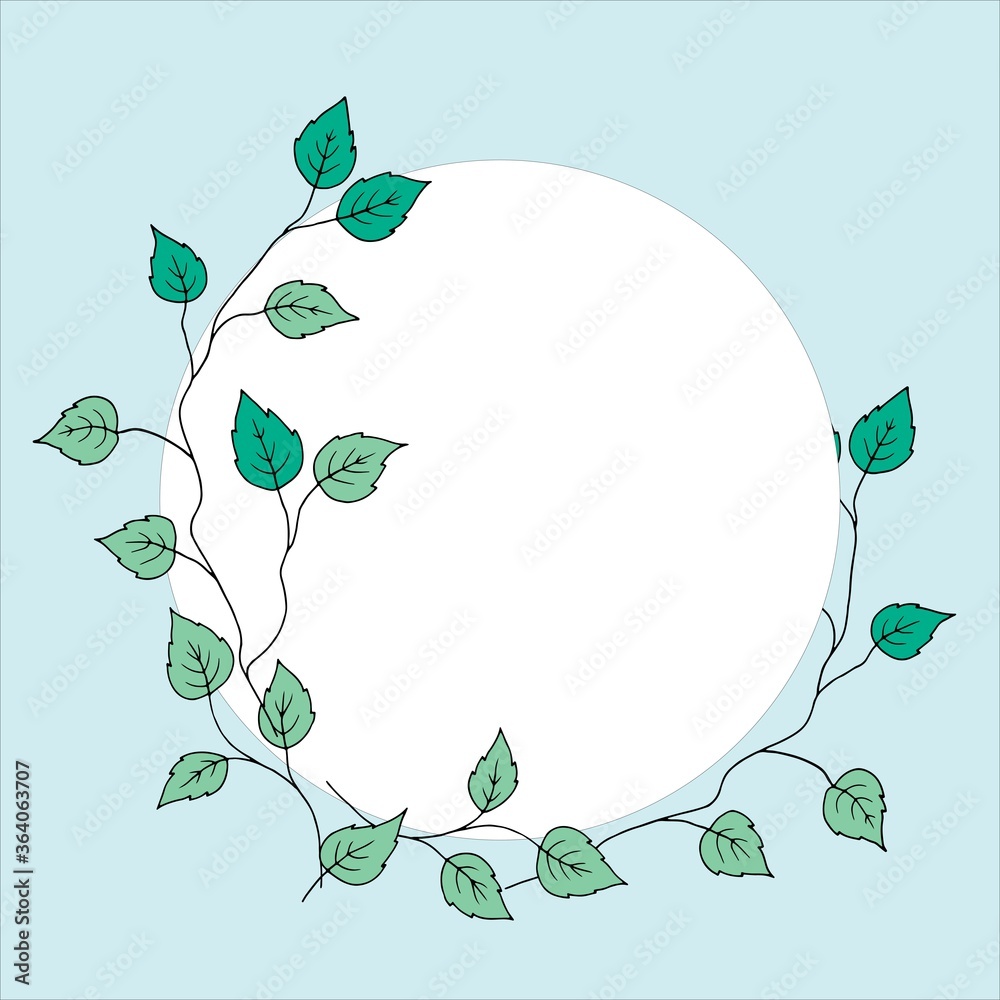 Fototapete Branches with leaves are located in a semicircle along the edge of a white spot in the middle of the frame. Background gently blue. Leafs are drawn in black contour and painted in green.