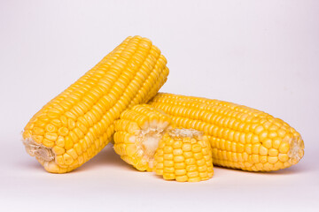 pieces of yellow corn, isolated corn, viewed from the side