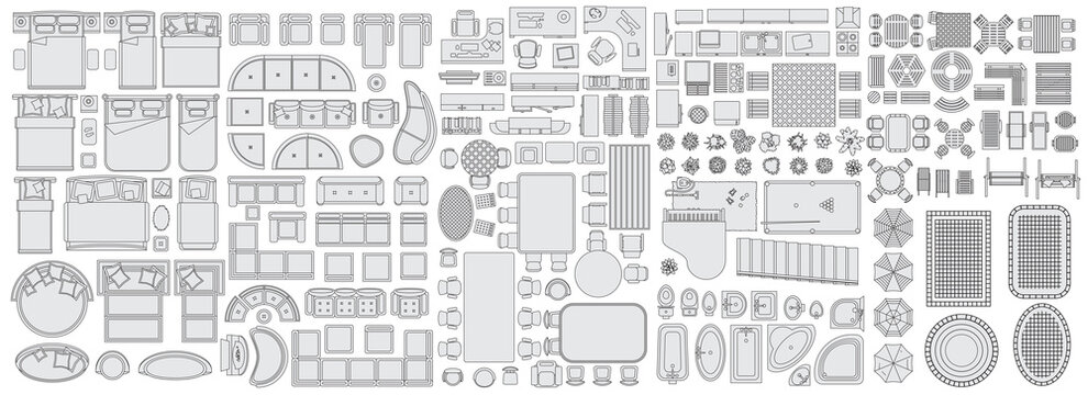 Icons set of interior (top view). Furniture and elements for living room, bedroom, kitchen, bathroom. Floor plan (view from above). Furniture store.