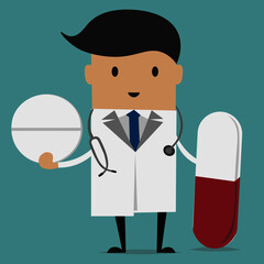 Doctor standing with pills, healthcare concept. vector
