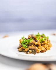 Mushroom risotto with Parmesan cheese and white Wine in a white serving plate on a white marble table with risotto Rice and raw mushroom on the side. Free space for your text/decoration.