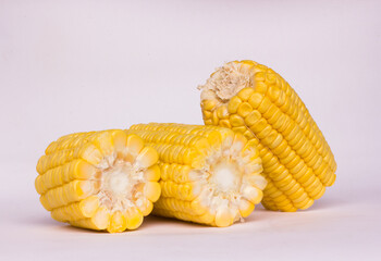 pieces of yellow corn, isolated corn, viewed from the side
