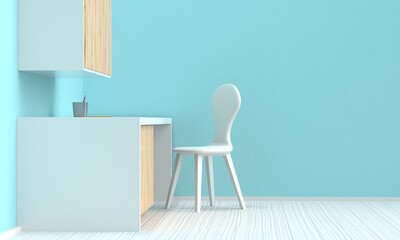Bright interior of a home workplace with wooden furniture and a blue wall. Side view. 3d rendering