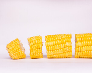 pieces of yellow corn, isolated corn, viewed from the side