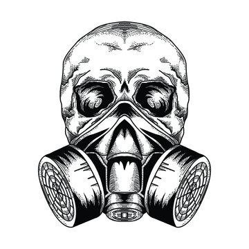 tattoo and t-shirt design black and white hand drawn illustration skull with gas mask premium vector