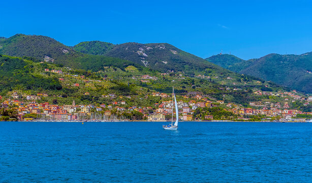 A panorama view towards Fezzano and Marola, adjacent to La Spezia, Italy in the summertime