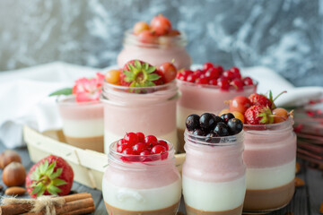 panna cotta berry fitness dessert - three layers of milk jelly pudding, coffee, vanilla and berry - berry summer desserts Concept diet