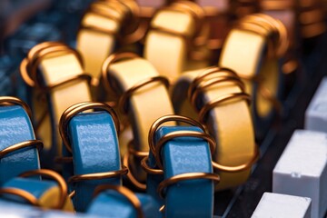 Close-up of yellow and blue iron powder cores