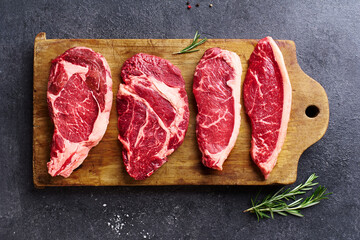 Variety of fresh Black Angus Prime raw beef steakes