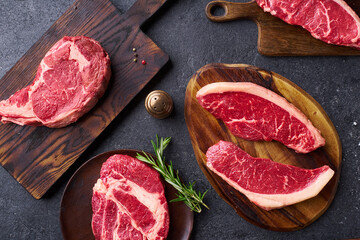 Variety of fresh Black Angus Prime raw beef steakes