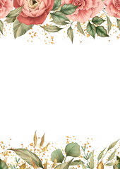 Flowers and leaves frame or border, for wedding stationary, greetings, seamless horizontal background