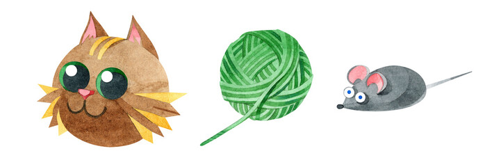 Crazy brown cat, green ball of yarn and a small gray mouse. A set of watercolor illustrations isolated on a white background. For cards, websites, prints, children's design, pet stores, and stickers.