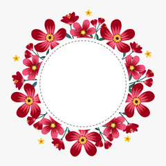 Vector peony flower circle shape frame drawing, Red and pink floral wreath ivy style with branch and leaves.