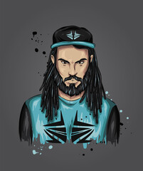 Stylish guy in a cap and with dreadlocks. Vector illustration for greeting card or poster, print on clothes. Hip-hop, rap music.