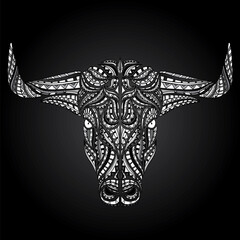 Bull with horns. Ethnic patterns. Vector illustration for a card or poster, print on clothes. 2021.