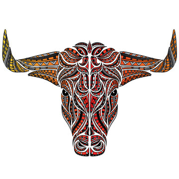 Bull with horns. Ethnic patterns. Vector illustration for a card or poster, print on clothes. 2021.