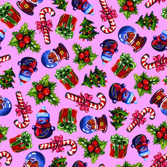 Watercolor Christmas seamless pattern on a lilac background