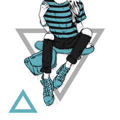 Pretty girl in top and shorts with skateboard. Vector illustration for a postcard or a poster. Bright, colorful drawing.