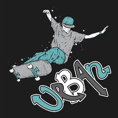 Stylish skater in jeans and sneakers. Skateboard. Vector illustration for a postcard or a poster, print for clothes. Street cultures.