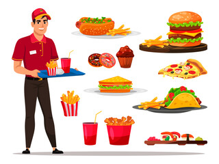 Man fast food worker with tray and junk meal set