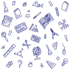 Back to School Doodle. Blue Ballpen Vector Drawings