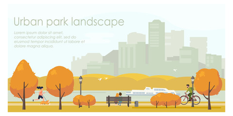 Autumn urban park landscape flat illustration. Horizontal banner template with place for your text. Stock vector. People relaxing in city park, walking with dog, riding bicycle.