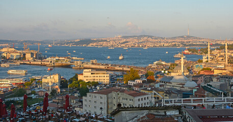 Panorama of Istanbul taken from near Suleymaniye mosque, Eminonu, Fatih. It shows the view across the Bosphorus towards Uskudar. Galata Bridge is in the centre, Rustem Pasa & Yeni Mosques on the right