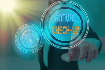 Text sign showing Annual Checkup. Business photo text yearly reproductive health visit with a health care provider Futuristic icons solar system. Elements of this image furnished by NASA