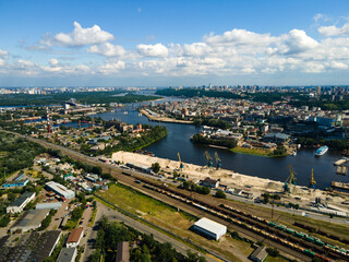 Aerial view to the Kyiv river port and industrial zone of shipyard