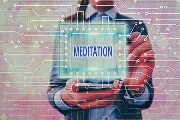 Text sign showing Meditation. Business photo text achieve a mentally clear and emotionally calm and...