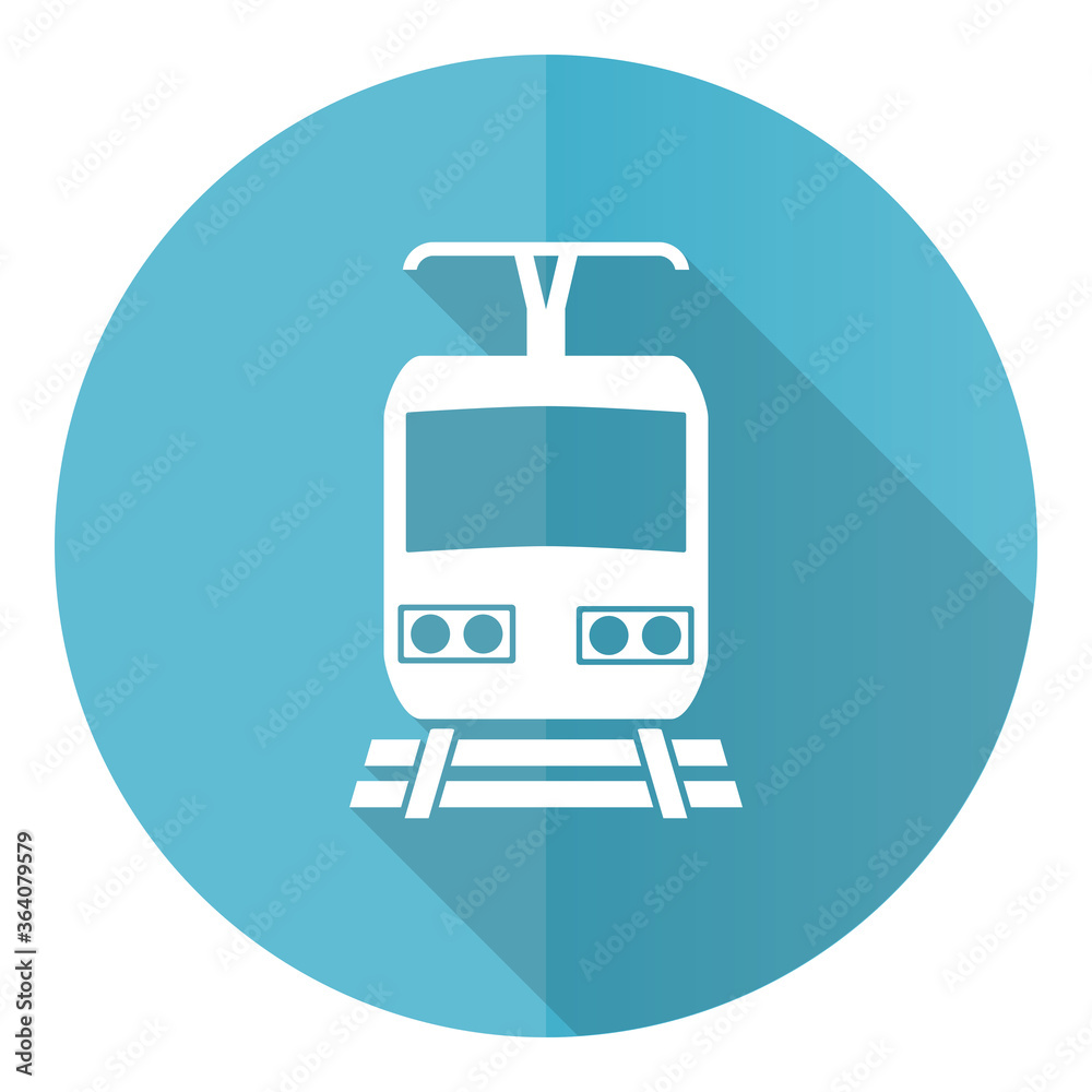 Aufkleber train vector icon, flat design blue round web button isolated on white background
