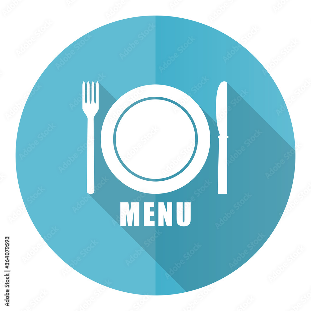 Poster Menu vector icon, flat design blue round web button isolated on white background