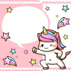 Vector character cartoon, A little unicorn, colorful star with speech balloon. 