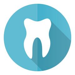Tooth vector icon, flat design blue round web button isolated on white background