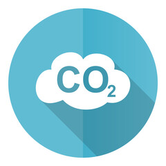 Carbon dioxide vector icon, flat design blue round web button isolated on white background
