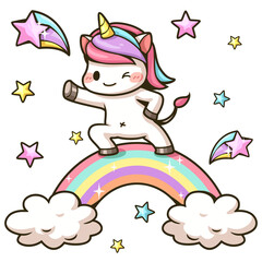 Obraz premium Vector character cartoon, The little unicorn standing on the rainbow and colorful star. 