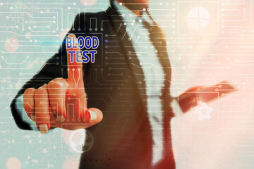 Writing note showing Blood Test. Business concept for Extracted blood sample from an organism to...