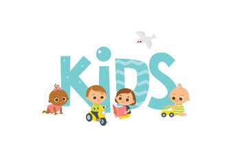 Joyful kids template. Babies playing with toys and reading books. Set of baby toddlers in various poses, different nationalities.