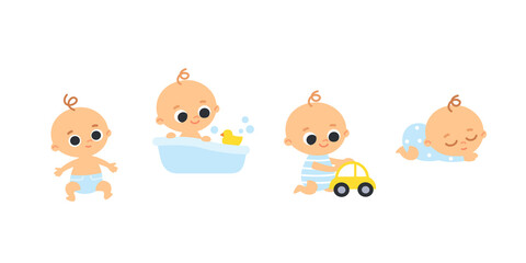 Set of 4 four babies crawling and sitting, taking bath, sleeping. Baby girls and baby boys. Children's activities.